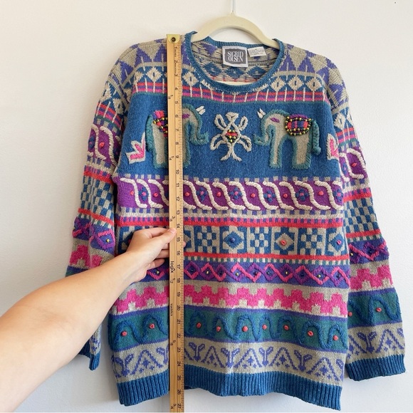 Vintage Sigrid Olsen Sweater elephant Boho 3D knit beaded dopamine colorful fun - Picture 8 of 9